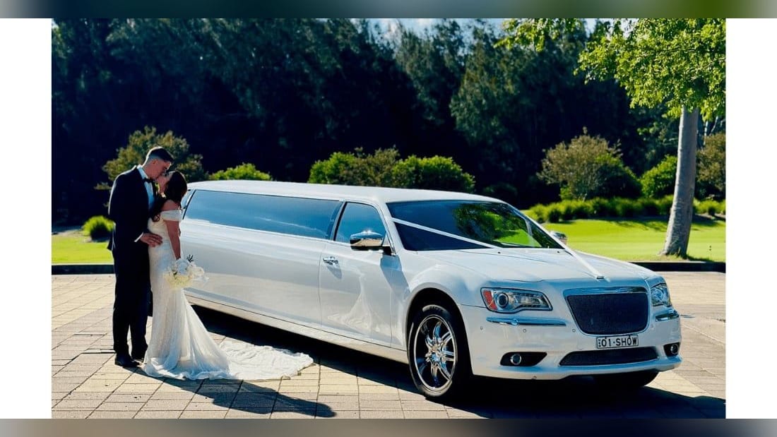 Chrysler Super Stretch Gullwing — exterior, with a wedding couple