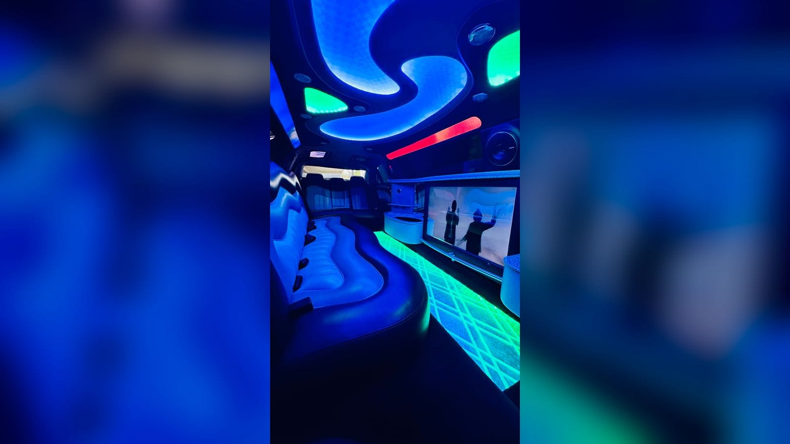 Chrysler Super Stretch Gullwing — interior, blue LED lounge cabin