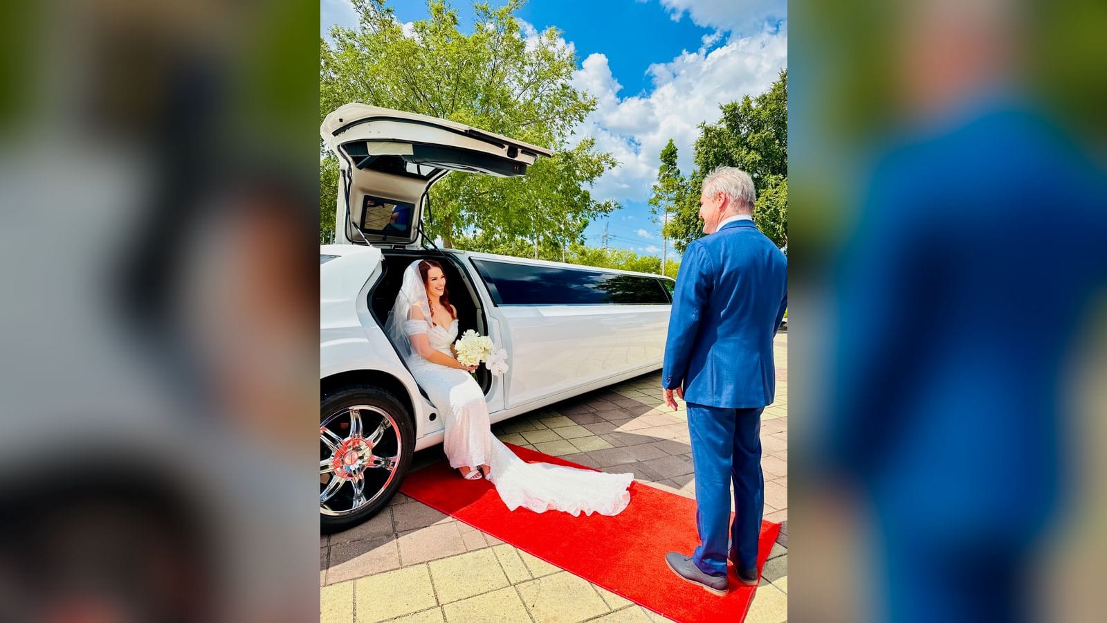 Chrysler Super Stretch Gullwing — a bride stepping out onto the red carpet, gullwing door raised