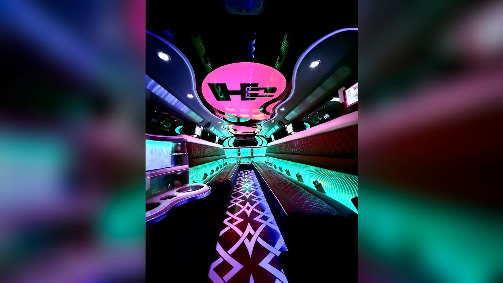 Stretch Hummer — interior, LED party lounge with lit floor
