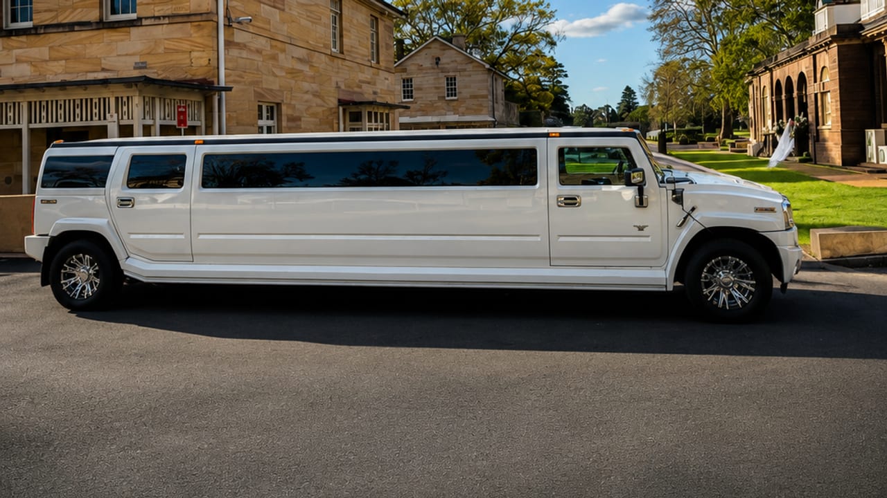 White H2 stretch Hummer limousine outside a heritage sandstone building