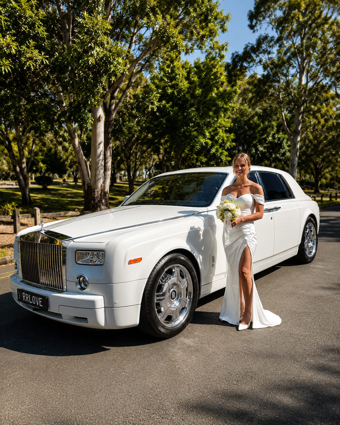 White Rolls Royce Phantom with a bride in a white gown holding a white bouquet, parked among green trees, RRLOVE number plate
