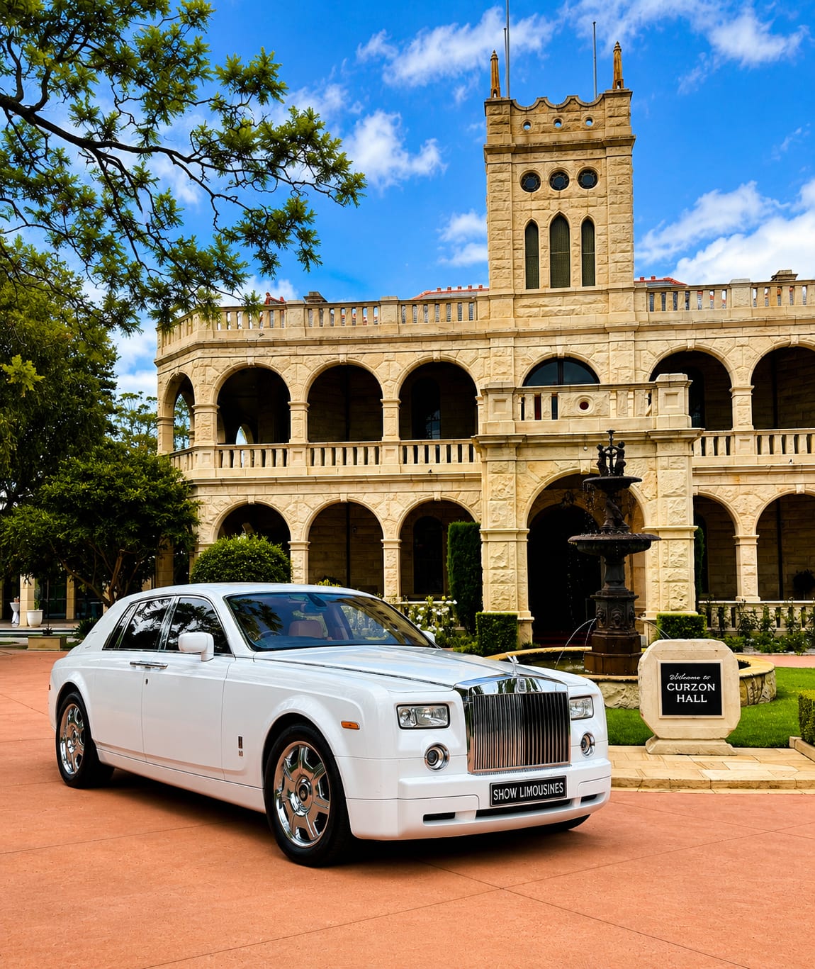 White Rolls Royce Phantom outside the Curzon Hall heritage sandstone mansion with a fountain and blue sky, SHOW LIMOUSINES number plate