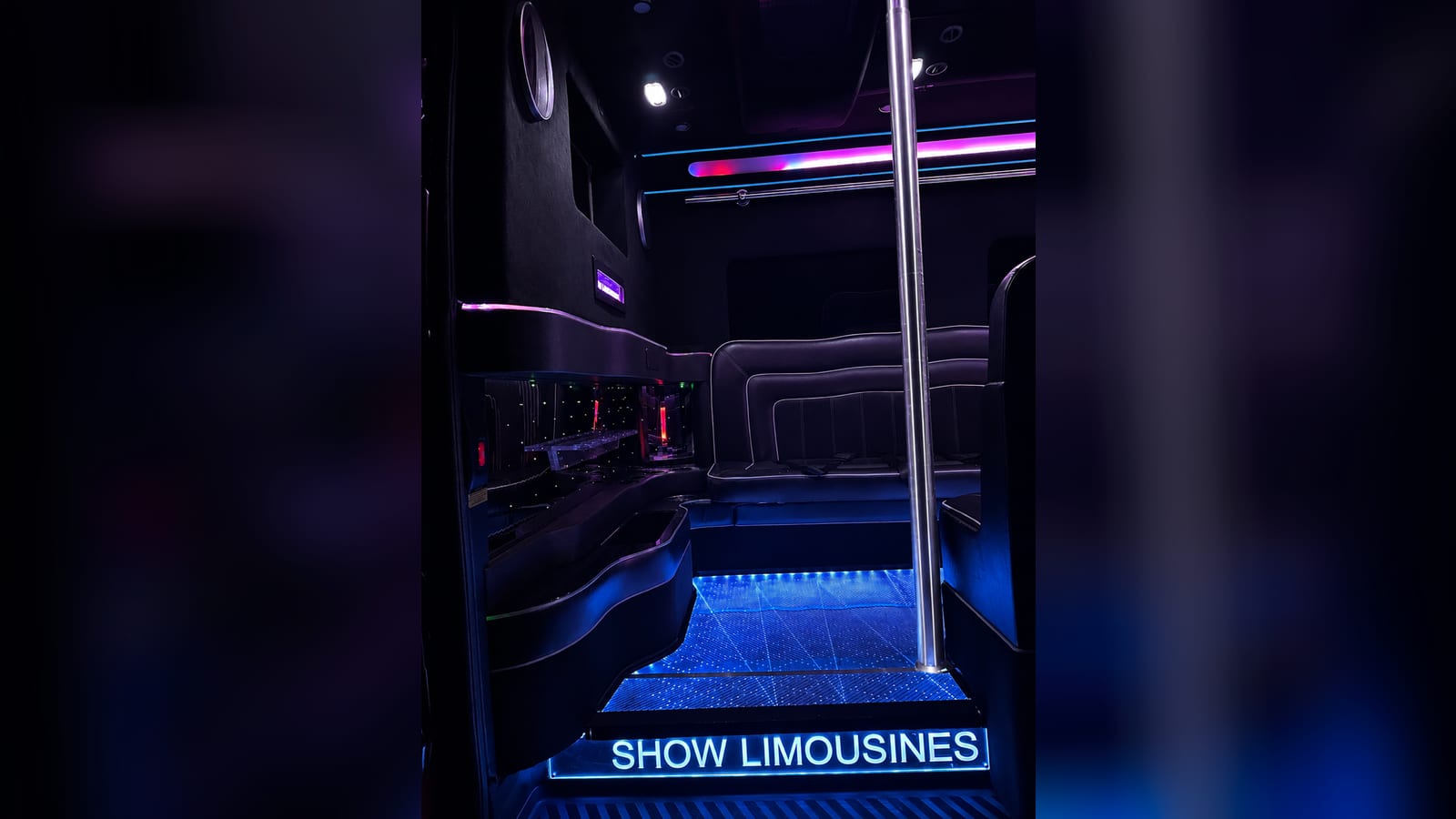 Mercedes Sprinter Limo Van — interior, LED party lounge with dance pole and Show Limousines lit floor
