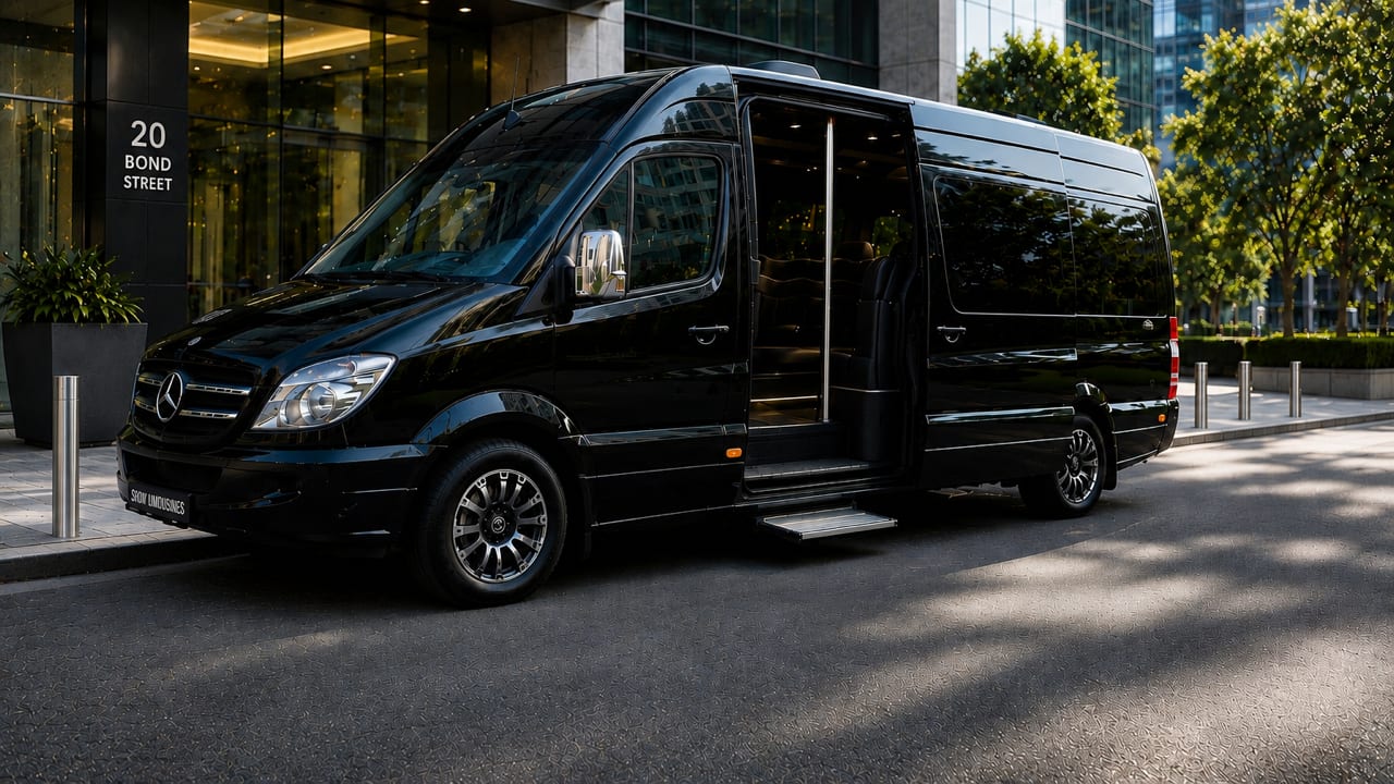 Mercedes Sprinter Limo Van — exterior, side profile outside a city building
