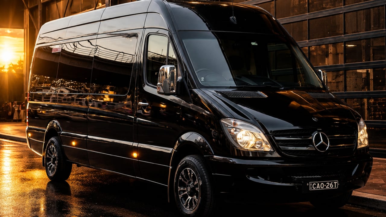 Mercedes Sprinter Limo Van — exterior, front three-quarter at sunset