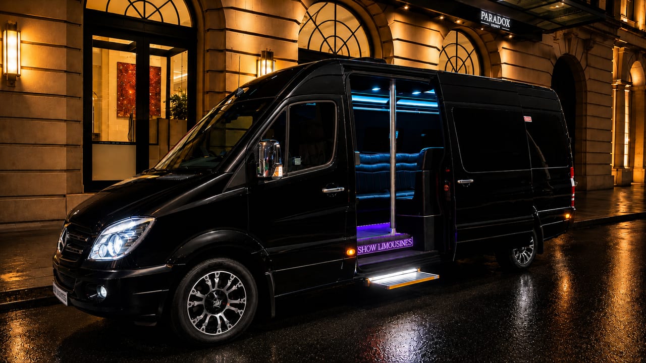 Mercedes Sprinter Limo Van — exterior, at a hotel entrance at night with cabin lit