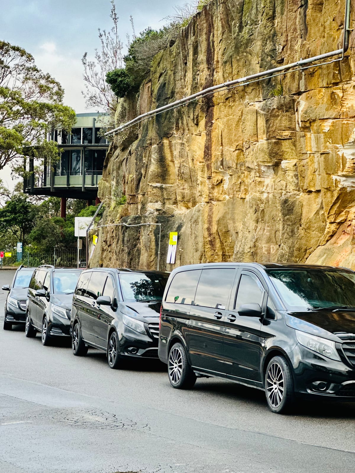 Fleet of four black Mercedes Valente minivans lined up beside a Sydney sandstone cliff