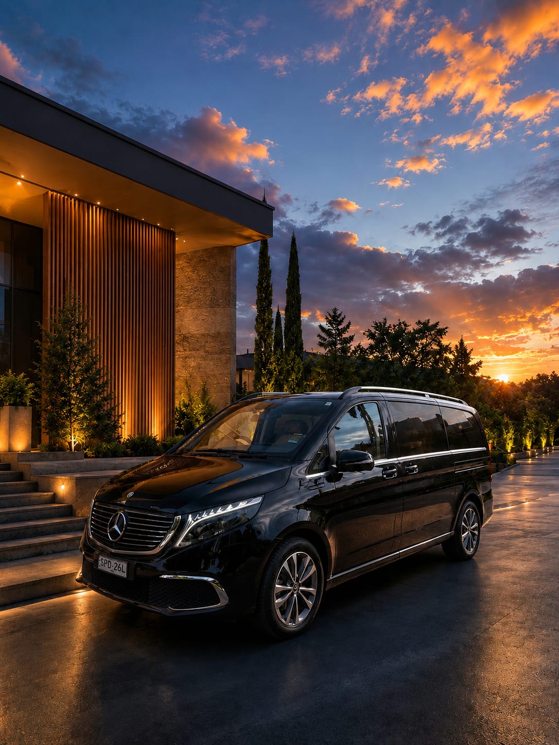 Black Mercedes Valente minivan parked outside a modern venue at sunset