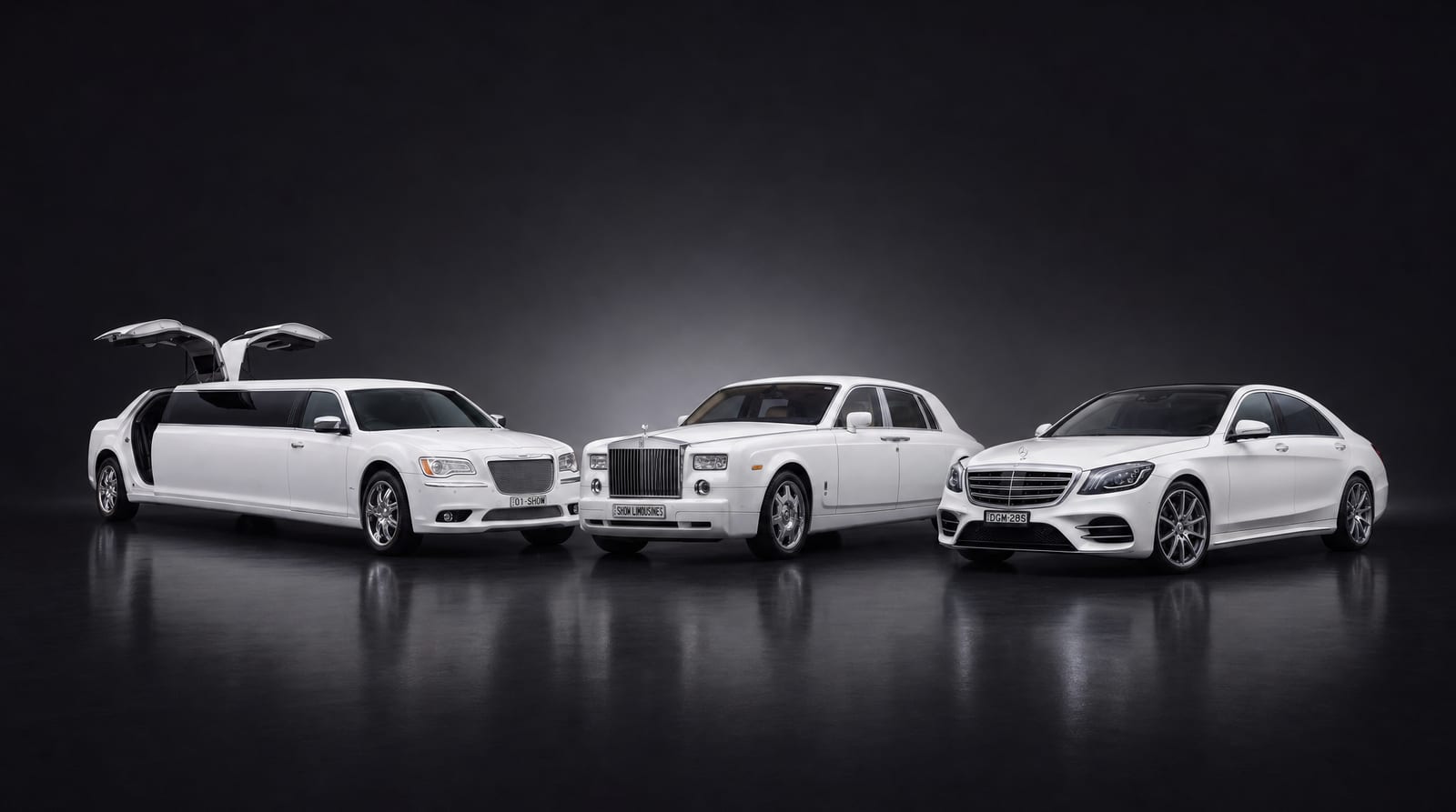 Diamond wedding package lineup — white Chrysler stretch, Rolls-Royce Phantom and Mercedes S-Class in a dark studio