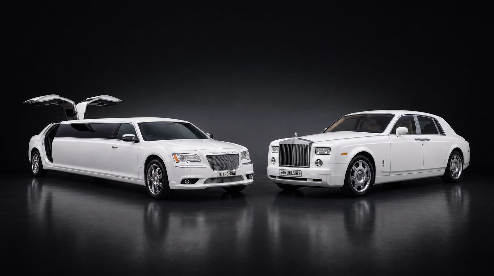 Just Married wedding package lineup — white Chrysler stretch limousine and Rolls-Royce Phantom in a dark studio