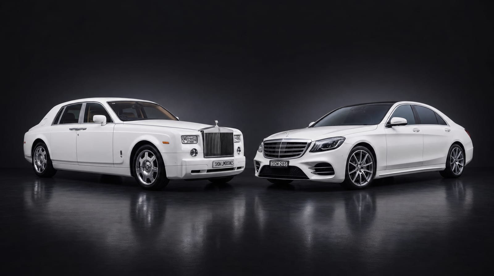 Elite wedding package lineup — Rolls-Royce Phantom and Mercedes S-Class in a dark studio